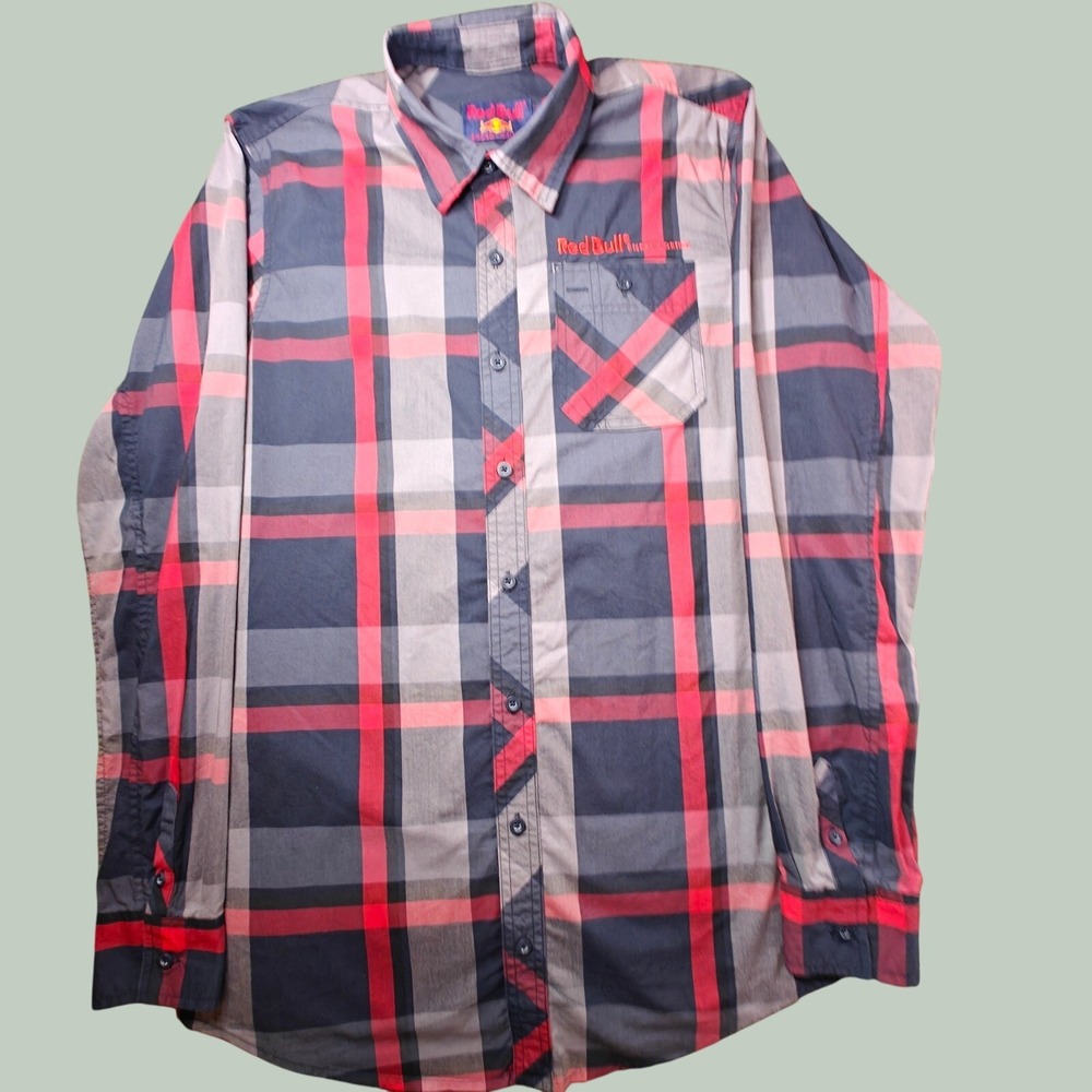 Red Bull Energy Drink Mens Small Plaid Button Down Shirt Red Navy Long Sleeve